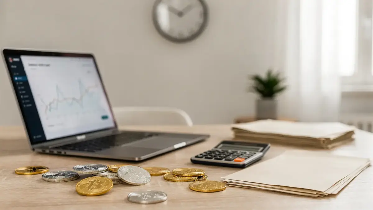 Laptop, Smartphone und Hardware-Wallet auf einem Schreibtisch zum Thema Haltefrist bei Kryptowährungen.