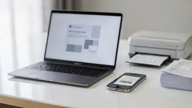 Laptop, Smartphone und Scanner auf Schreibtisch beim digitalen Hochladen von Belegen an den Steuerberater