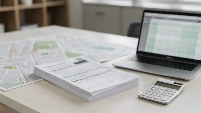Stadtplan, Taschenrechner und Steuerunterlagen zum Gewerbesteuer-Hebesatz