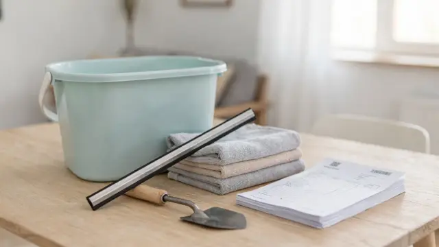 Rechnung, Überweisungsbeleg und Reinigungsutensilien für haushaltsnahe Dienstleistungen auf einem Tisch.