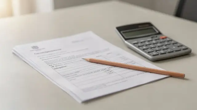 Steuerbescheid mit Rechner und Unterlagen zum zu versteuernden Einkommen auf einem Schreibtisch.