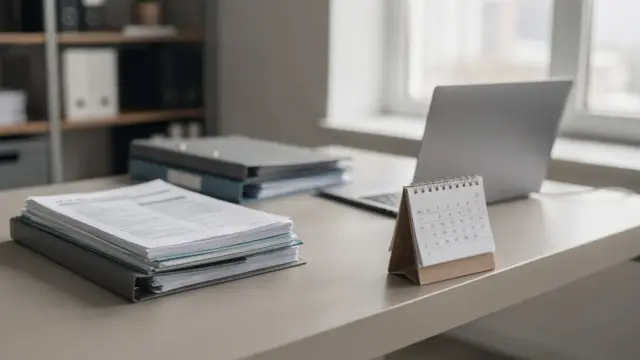 Steuerkanzlei-Arbeitsplatz mit Kalender, Akten und Unterlagen zur Fristenkontrolle
