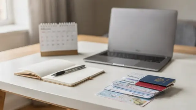 Laptop auf hellem Schreibtisch mit Kalender und Reisedokumenten für Steuerfragen im Ausland.