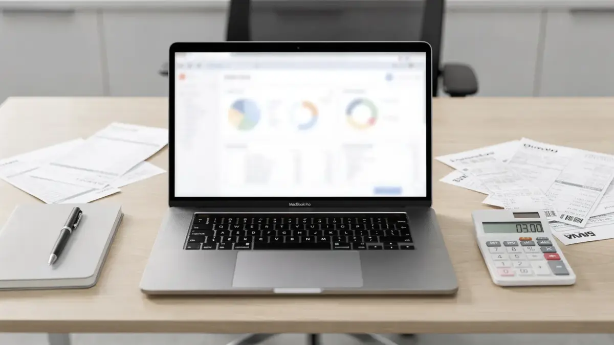 Laptop, Belege und Taschenrechner auf einem Bürotisch zum Thema Buchhaltungssoftware-Kosten