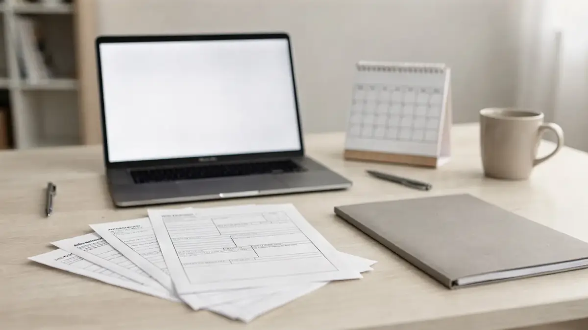 Laptop, Kalender und Steuerunterlagen auf einem Schreibtisch für einen ELSTER-Fristverlängerungsantrag.