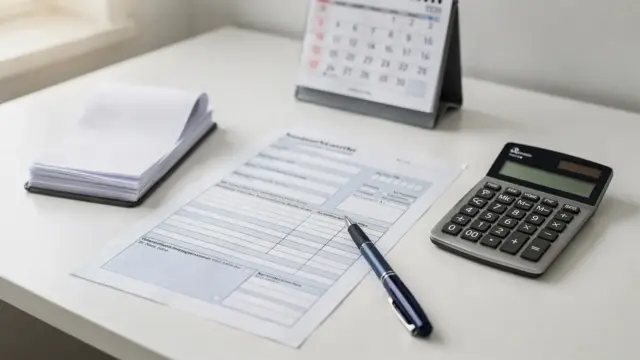 Steuerunterlagen mit Formular, Taschenrechner und Kalender zum Thema Unterhaltszahlungen als Sonderausgaben