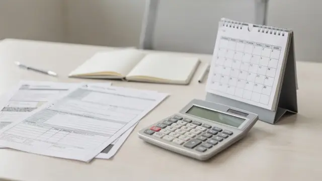 Steuerunterlagen, Taschenrechner und Kalender auf einem Schreibtisch zu Steuervorauszahlungen nach der Gründung