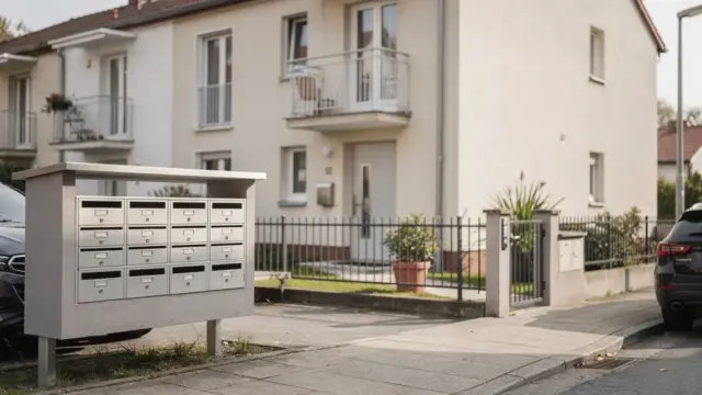 Vermietete Wohnimmobilie mit Mehrfamilienhaus-Fassade und Briefkastenanlage im Erbfall