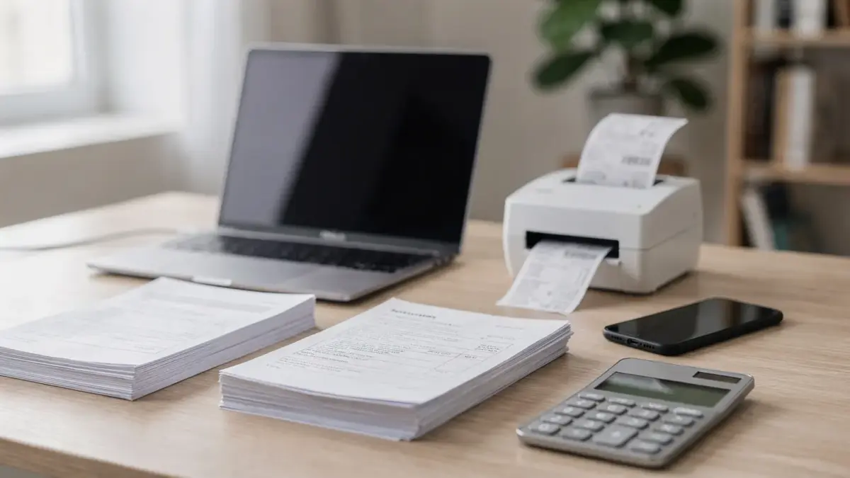 Laptop, Smartphone und Belege auf einem Schreibtisch zur Online-Steuerberatung für Freelancer