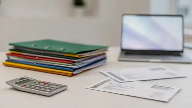 Ordner mit Steuerunterlagen, Brief vom Finanzamt und Laptop auf einem Büroschreibtisch für den Kanzleiwechsel