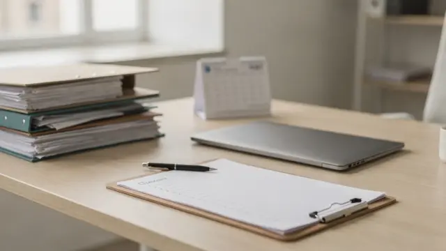 Geordnete Steuerunterlagen, Ordner, Laptop und Kalender auf einem Schreibtisch zur Kanzleiübergabe.
