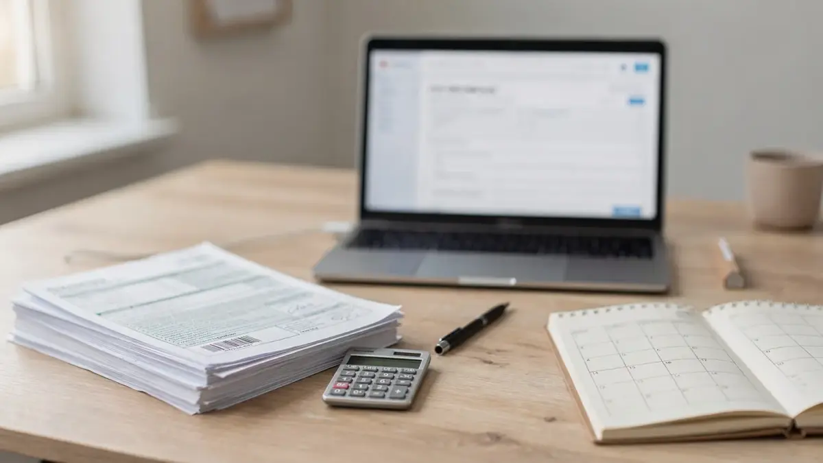 Steuerunterlagen, Kalender und Taschenrechner auf einem Schreibtisch zur Ratenzahlung beim Finanzamt.