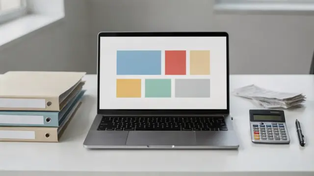 Laptop mit Steuersoftware, daneben Jahresordner, Belege und Taschenrechner auf einem Schreibtisch