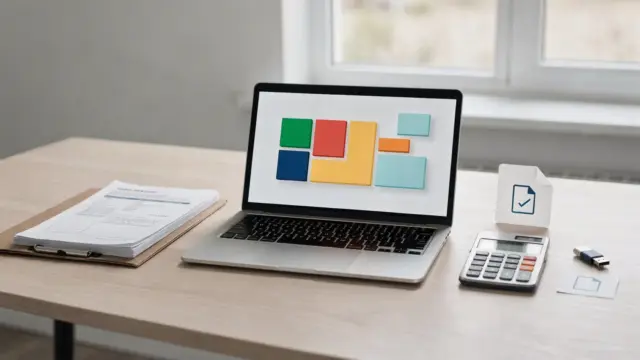 Laptop mit Steuerprogramm, Papierunterlagen, Taschenrechner und USB-Stick zum Übernehmen von Vorjahresdaten