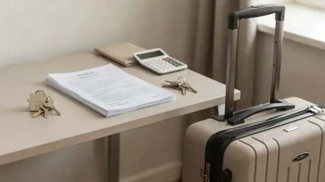 Steuerunterlagen, Taschenrechner und Mietvertrag zur doppelten Haushaltsführung auf einem Tisch