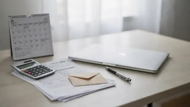 Kalender, Steuerunterlagen, Rechner und Stift auf einem Schreibtisch zum Thema verpasste Steuererklärungsfrist