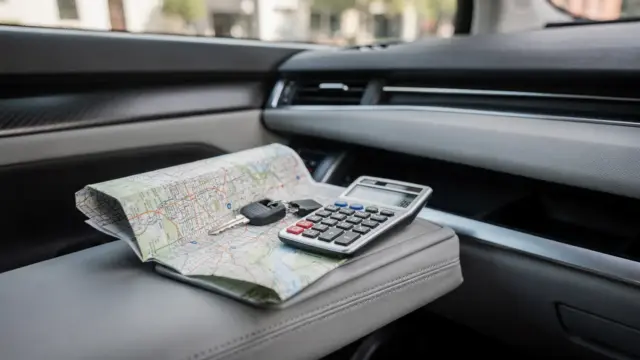 Fahrgemeinschaft beim Pendeln: Auto-Innenraum mit Karte, Autoschlüssel und Taschenrechner zur Streckenberechnung.