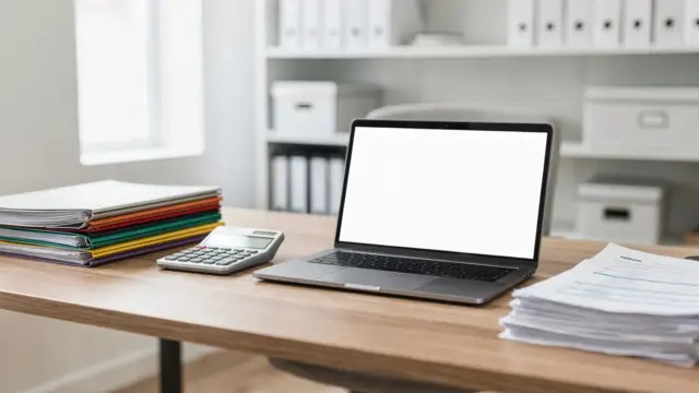 Steuerberater-Branche: Büro mit Unterlagen, Rechner und Laptop als Symbol für Branchenerfahrung in der Kanzlei