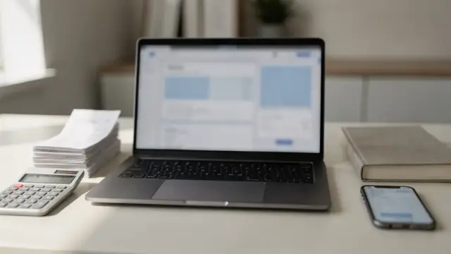 Steuerberater-Arbeitsplatz für E-Commerce mit Laptop, Belegen und Taschenrechner