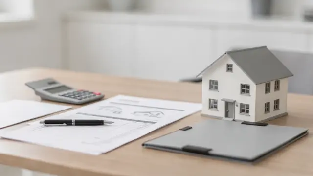 Steuerberater für Immobilien: Schreibtisch mit Hausmodell, Unterlagen und Taschenrechner