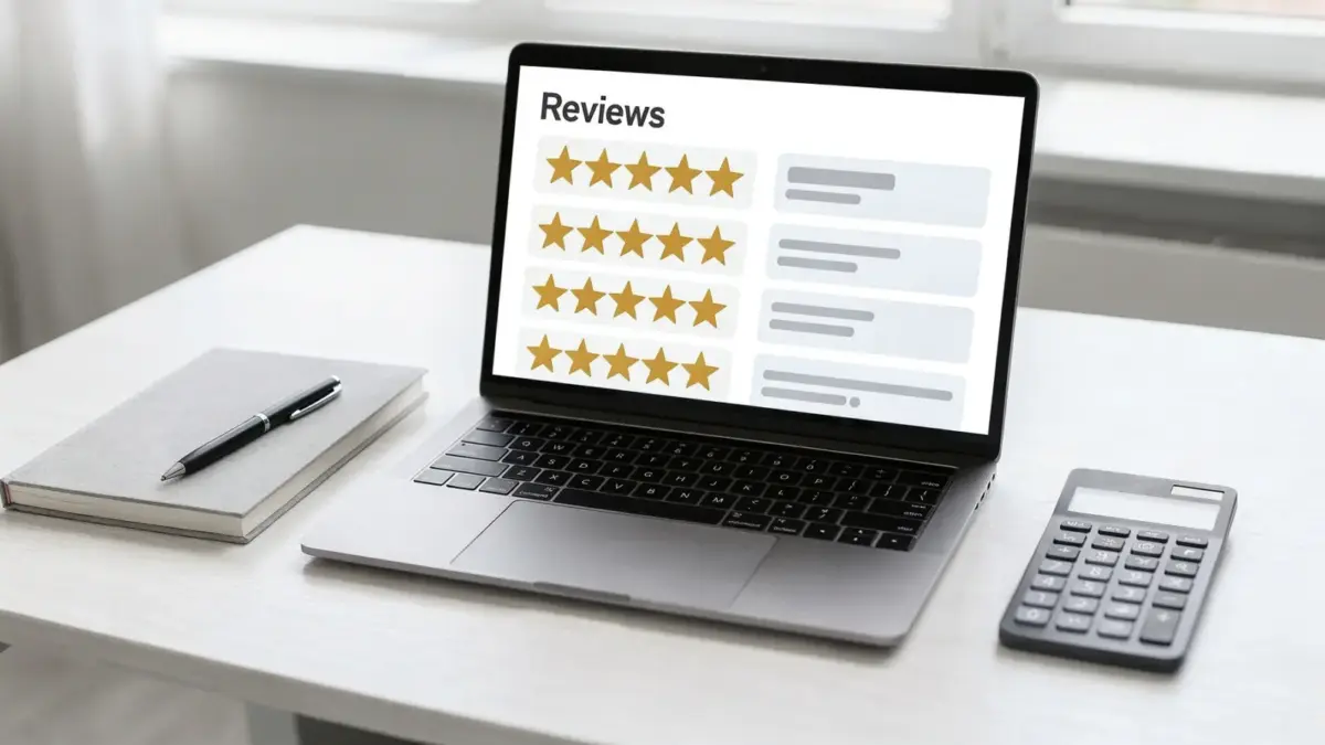 Steuerberaterbewertungen richtig lesen: Laptop mit Bewertungsübersicht, Notizbuch und Taschenrechner auf einem Schreibtisch