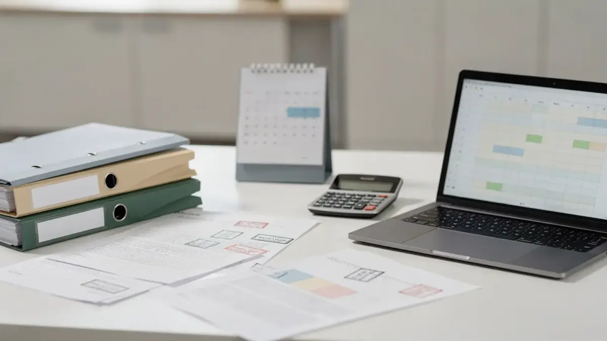 Ordner, Kalender und Unterlagen zur Umsatzsteuer-Sonderprüfung auf einem Schreibtisch