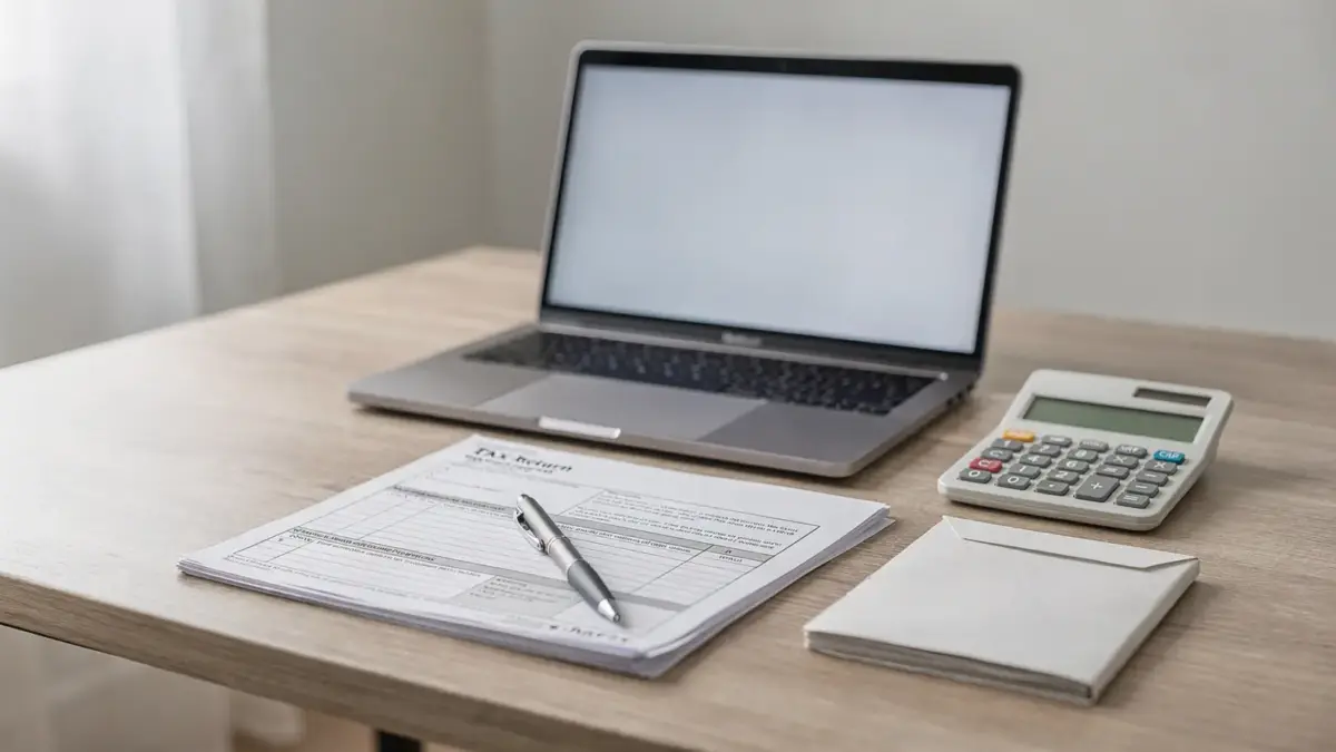 Ordentlicher Schreibtisch mit Steuerunterlagen, Laptop und Taschenrechner zum Thema Steuererklärung