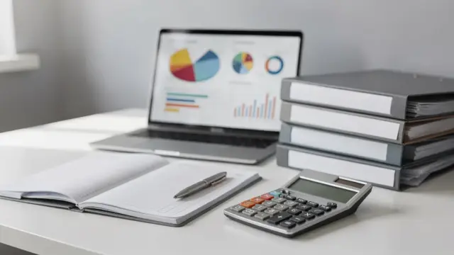 Buchhaltung und Jahresabschluss: Arbeitsbereich mit Taschenrechner, Ordnern und Laptop für die Steuerberatung