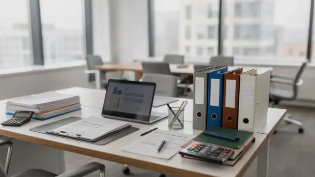 Moderne Steuerkanzlei mit Unterlagen, Taschenrechner und Laptop als Bild zu „Woran Sie eine gute Steuerkanzlei erkennen“