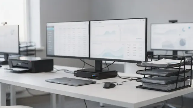 Moderne digitale Steuerkanzlei mit Monitoren, Scanner und geordneten Arbeitsplätzen