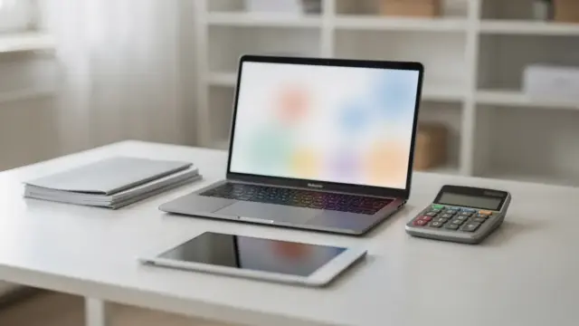 Moderne digitale Steuerkanzlei mit Laptop, Dokumenten und Taschenrechner für digitale Steuerberatung