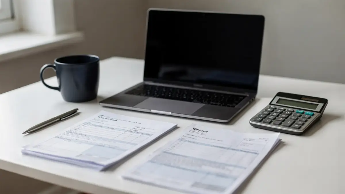 Ordentlicher Schreibtisch mit Laptop, Taschenrechner, Belegen und Steuerunterlagen zu Steuern für Selbständige