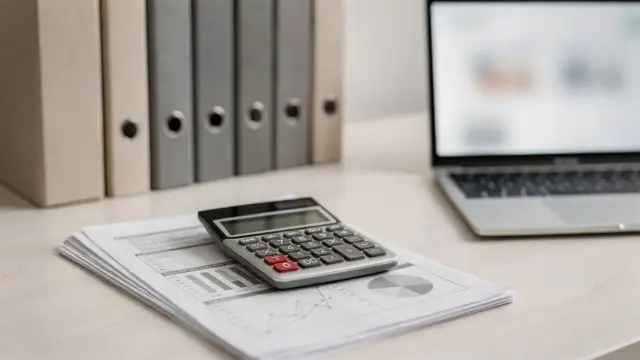 Steuerberater-Büro mit Rechner, Unterlagen und Laptop zum Thema Steuerberatung