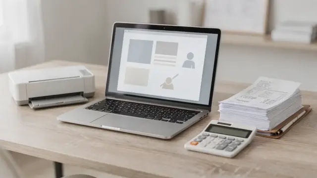 Digitale Belege für die Steuererklärung: Ordner, Scanner und Laptop auf einem Schreibtisch
