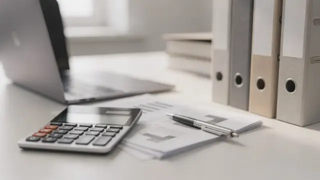 Steuerberater für Start-ups: Schreibtisch mit Unterlagen, Taschenrechner und Laptop im modernen Büro