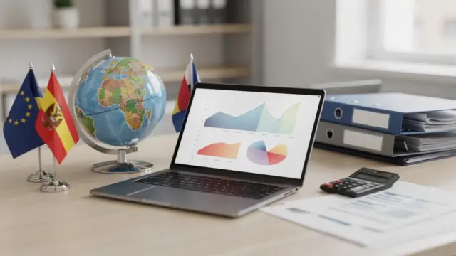Steuerberater international mit Globus, Unterlagen und Laptop zu Auslandsgeschäften