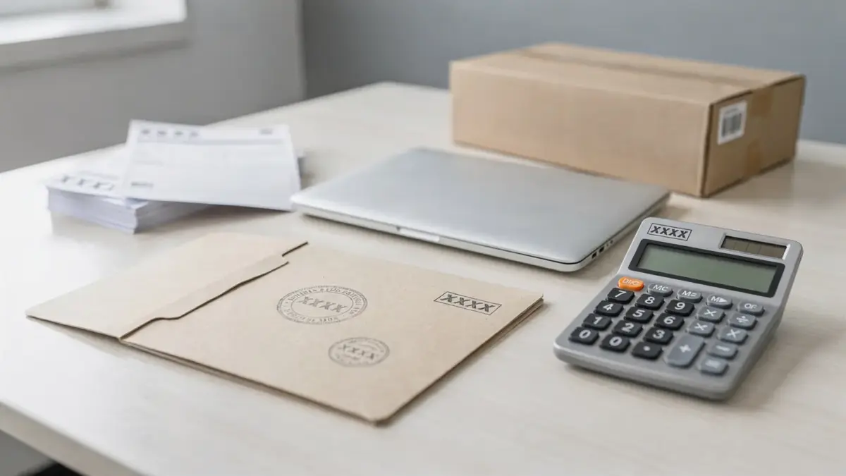 Export-Umsatzsteuer: Büro mit Exportunterlagen, Laptop, Stempel und Paket für Drittländer
