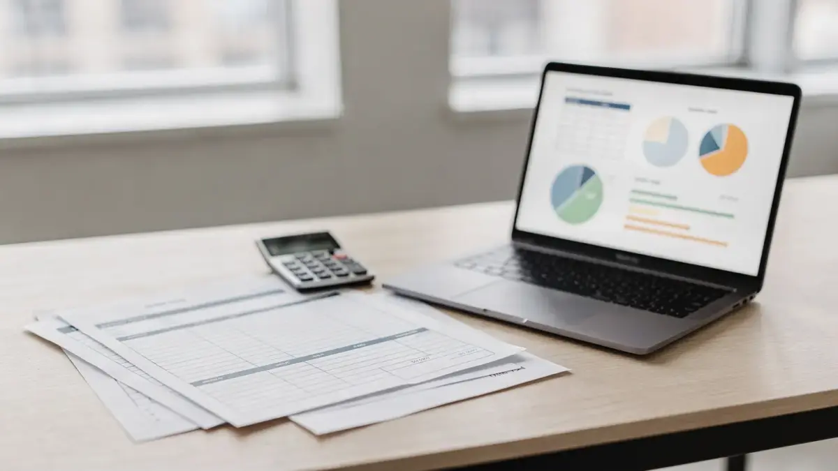 Büro-Setup mit Rechner, Belegen und Steuerunterlagen zum Thema Umsatzsteuer und Mehrwertsteuer