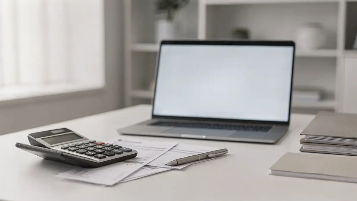 Steuerberater-Büro mit Rechner, Belegen und Laptop zur Spezialberatung