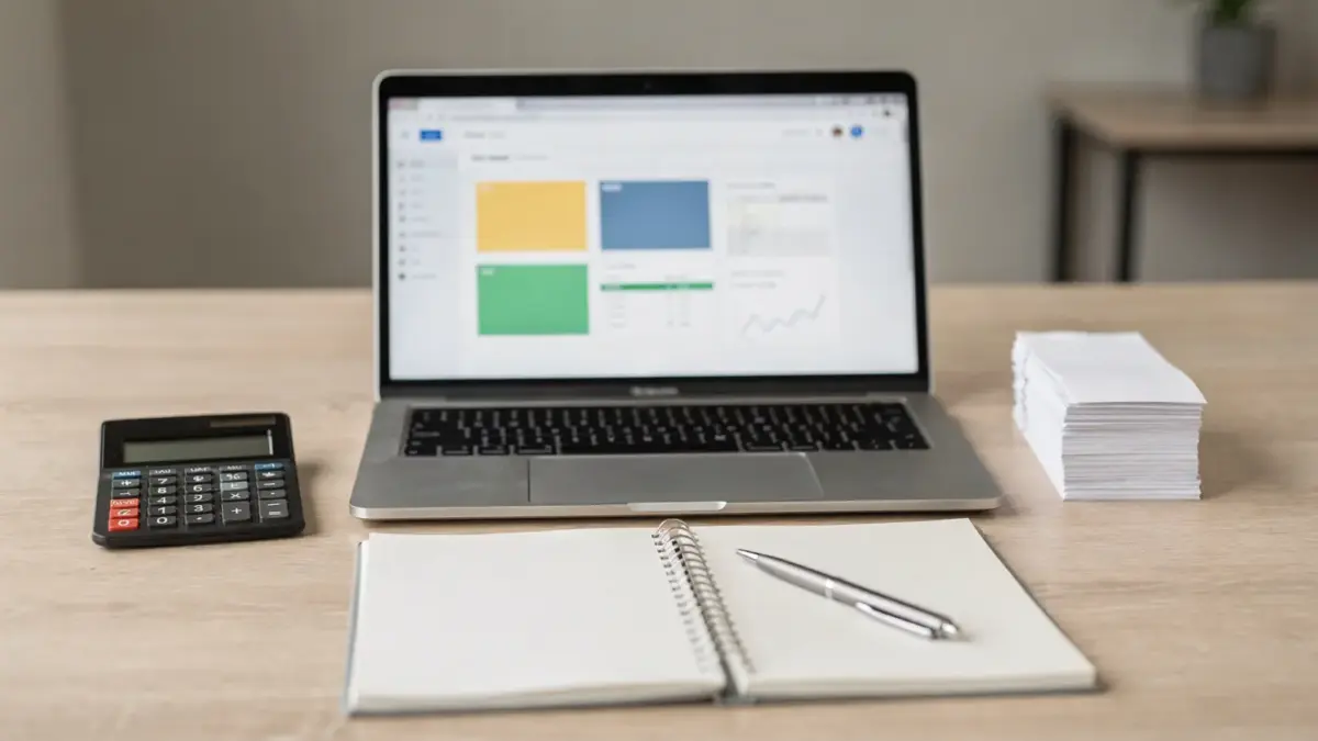 Steuersoftware für die Einkommensteuer auf einem Schreibtisch mit Laptop, Rechner und Belegen