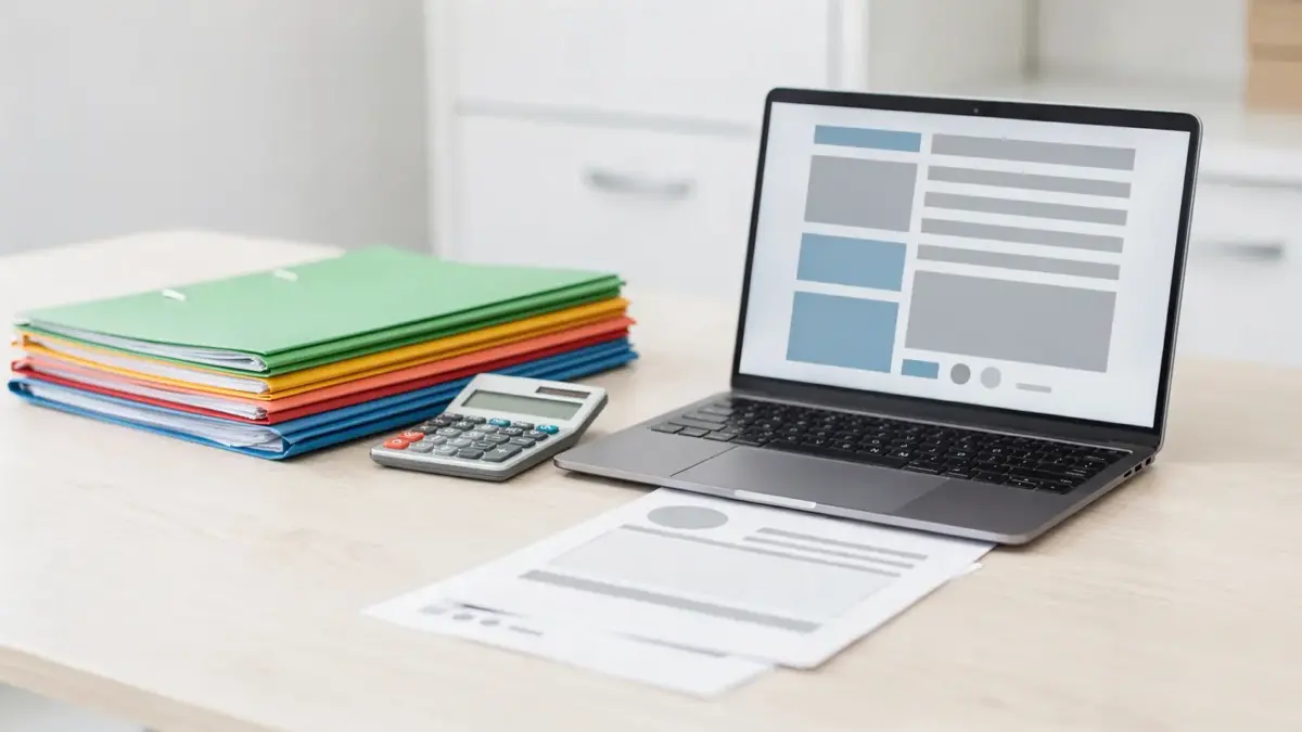 Steuerberater-Arbeitsplatz mit Unterlagen, Rechner und Laptop zum Einspruch gegen das Finanzamt