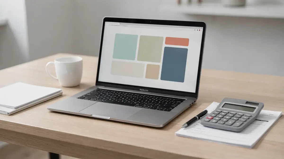 Laptop mit Steuersoftware, Taschenrechner und Unterlagen für einfache Steuerfälle