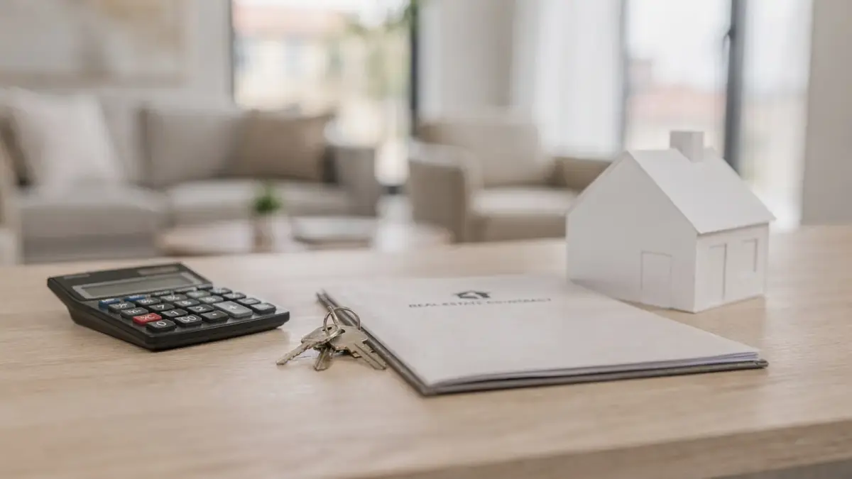 Immobilie verkaufen: Haus mit Vertragsunterlagen, Taschenrechner und Schlüssel auf einem Schreibtisch