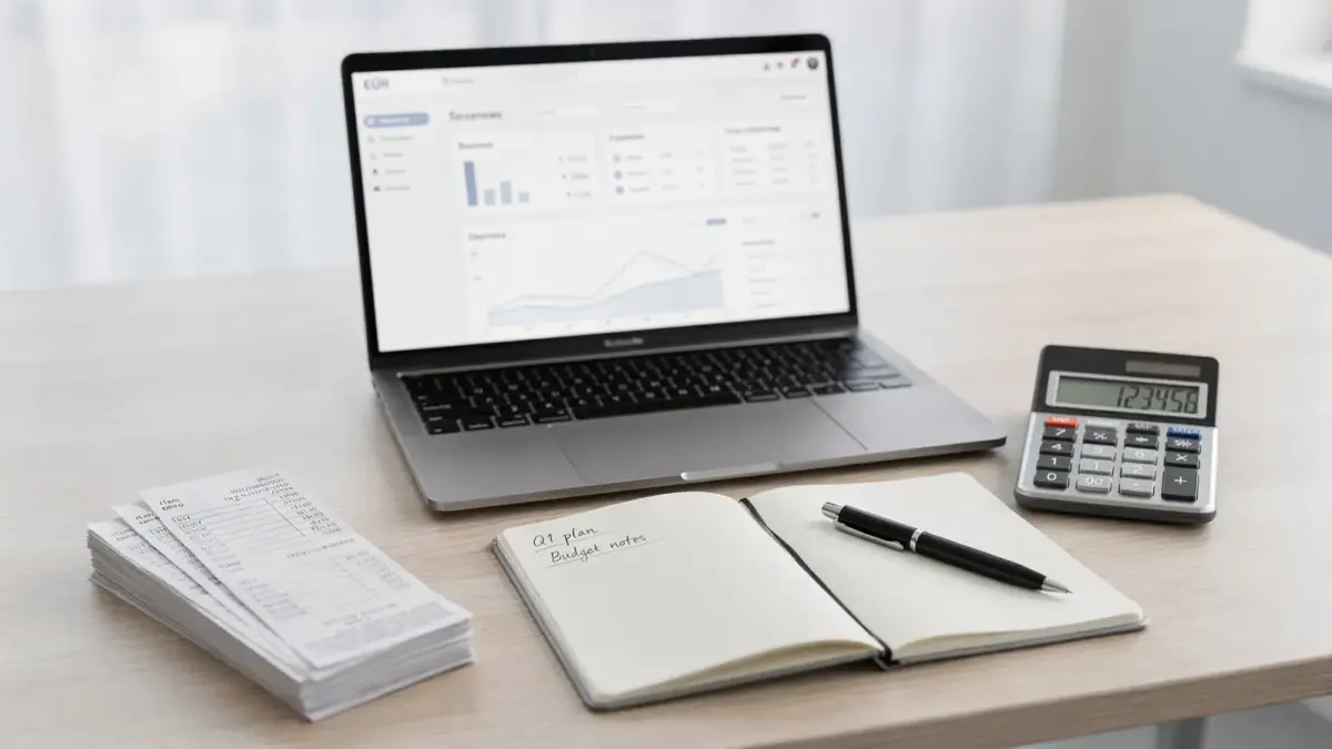 EÜR-Tool auf Laptop mit Belegen, Taschenrechner und Notizbuch für die einfache Buchhaltung