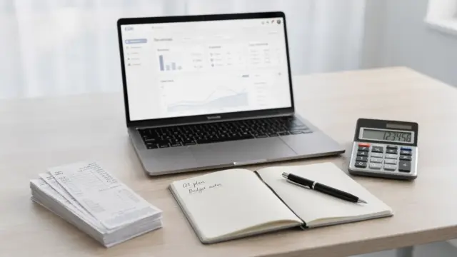 EÜR-Tool auf Laptop mit Belegen, Taschenrechner und Notizbuch für die einfache Buchhaltung