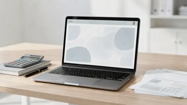 Vorbereitende Buchhaltungssoftware auf Laptop im Büro mit Rechner, Belegen und Notizbuch.