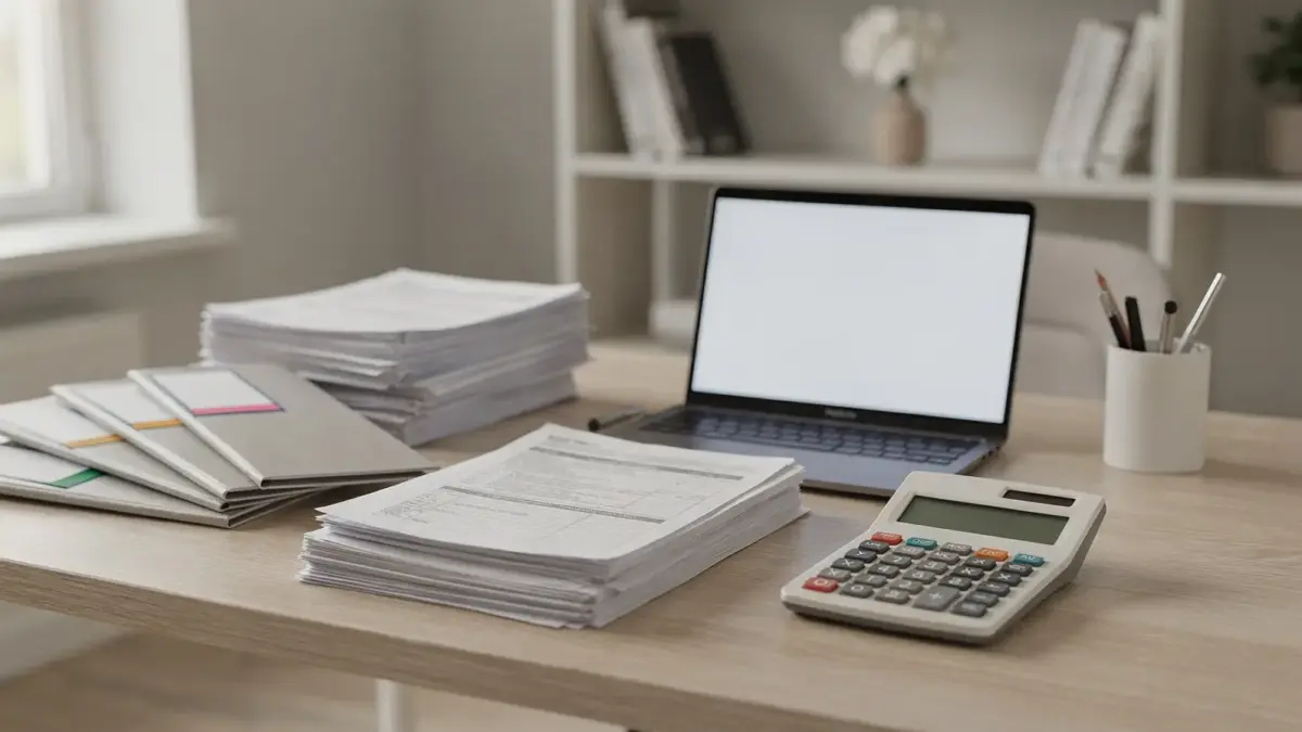 Ordentliche Unterlagen zur Steuererklärung für Arbeitnehmer auf einem Schreibtisch mit Rechner und Laptop
