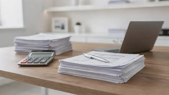 Steuerberater vergleichen: Schreibtisch mit Unterlagen, Taschenrechner und Laptop in einer Steuerkanzlei