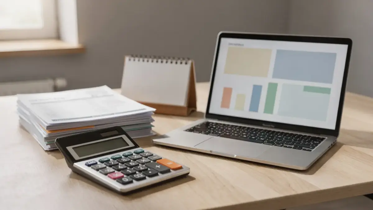 Büro mit Kalender, Taschenrechner und Unterlagen zur Umsatzsteuerzahlung ans Finanzamt