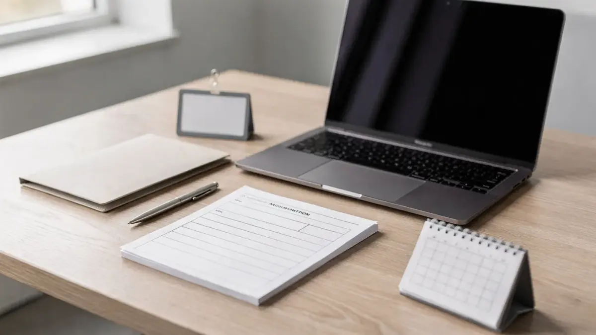 Ordner, Formulare und Laptop auf einem Büroschreibtisch für Unterlagen neuer Mitarbeiter